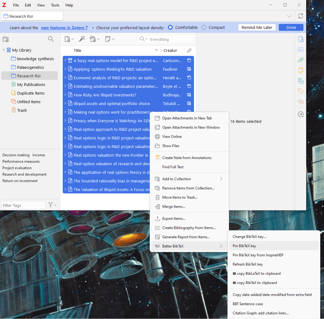 Pinning BibTeX keys in Zotero